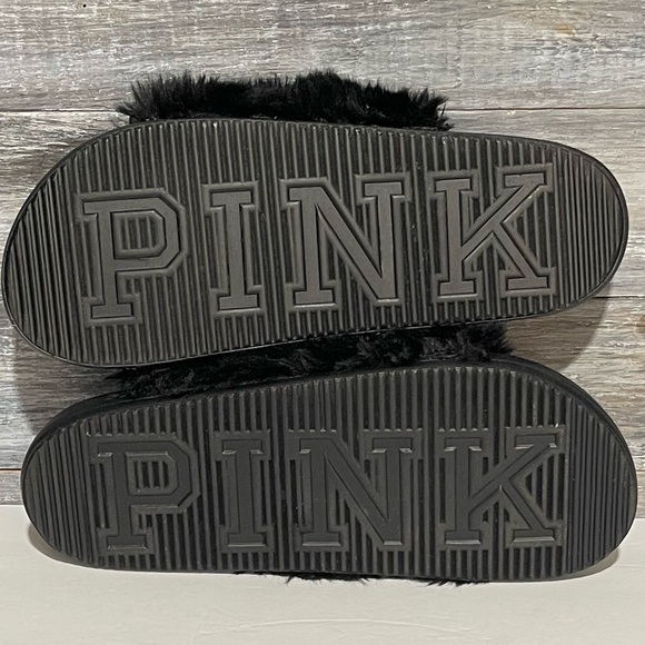 Pink Victoria’s Secret Black Fur Slides Sandals Slippers Size 7 / 8 - Picture 11 of 12
